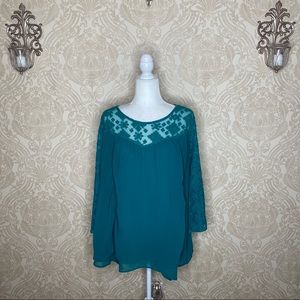 New Directions Teal 3/4 sleeve Asymmetrical Hem Lace Neckline Blouse
